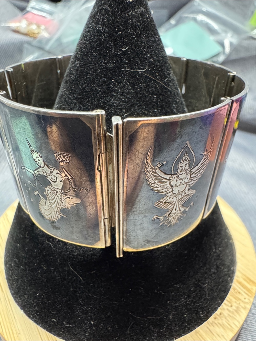 Vintage Silver marked 925 Engraved Wide Cuff Bracelet - Ornate Mythical Design